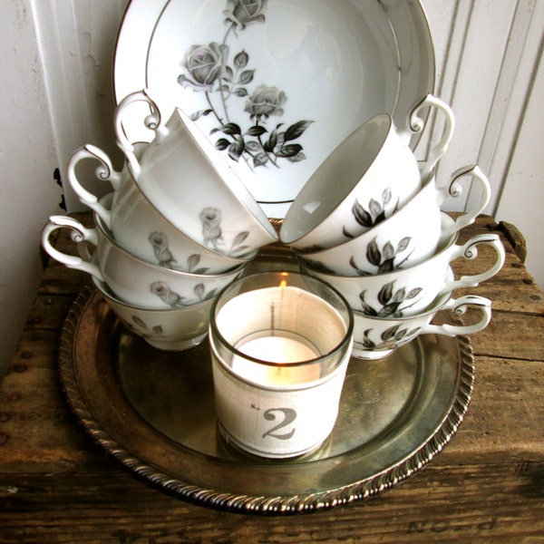 Black + White Vintage  China  Teacups OR Coffee cups serving bowl  floral china  Nocturne China  wedding