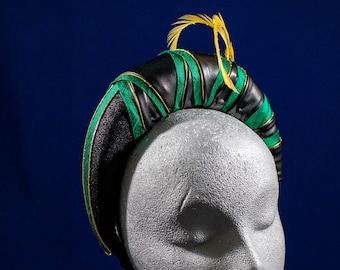 Mischievous Faux Leather, Green Silk and Gold Headband