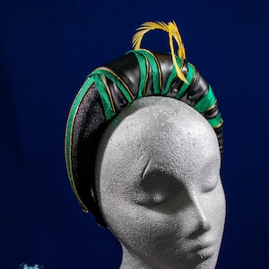 Mischievous Faux Leather, Green Silk and Gold Headband