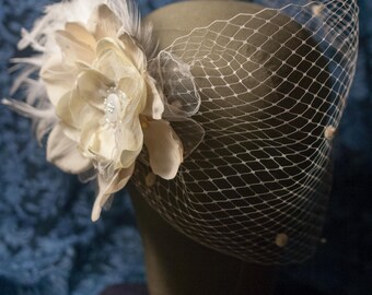 Bandeau Veil and Flowers- with handmade appliqués, rhinestones and feathers