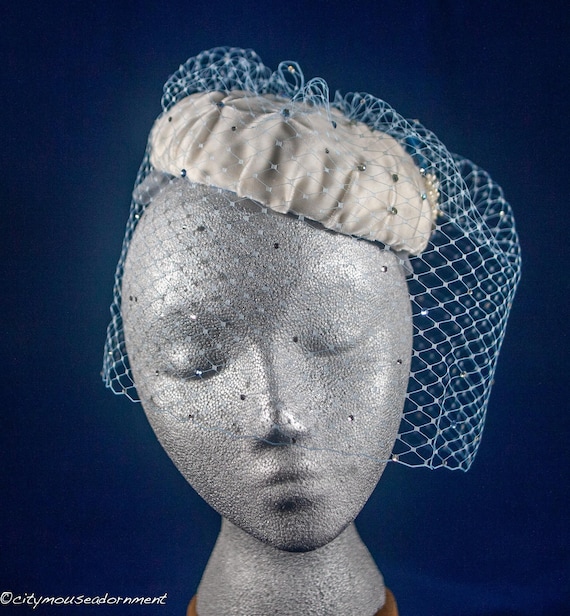 Velvet Blues -ivory and Blue Pillbox Hat With Net Veil - Etsy display picture 3