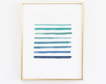 Blue and Green Ombre Sea Stripes - Printable Wall Art // Downloadable Print, Digital Download Print / Blue and Green Gouache Painting