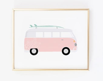 Pink Surf Bus Van - Printable Wall Art // Downloadable Print, Digital Download Print / Pink Surf Bus with Flowers and Green Surfboard