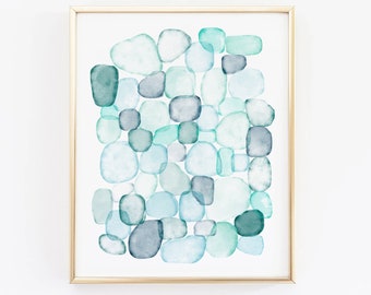 Sea Glass Pieces Watercolor - Printable Wall Art // Downloadable Print, Digital Download Print / Blue Green Ocean Watercolor Art