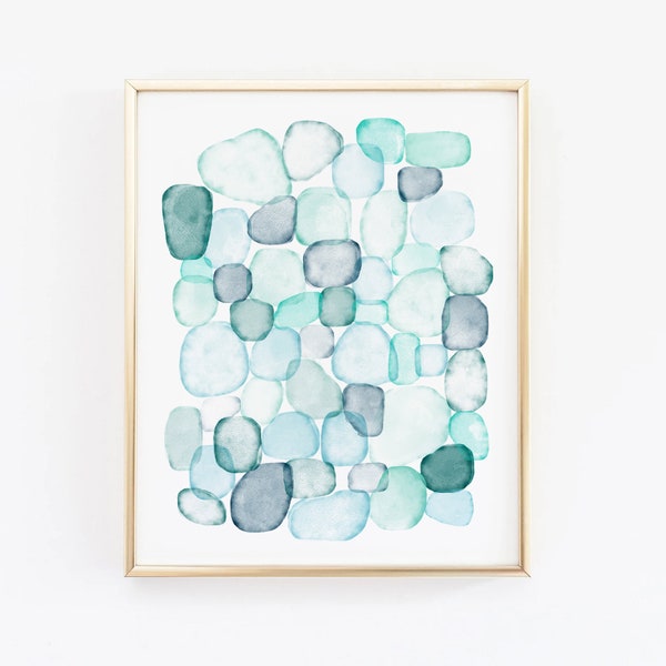 Sea Glass Pieces Watercolor - Printable Wall Art // Downloadable Print, Digital Download Print / Blue Green Ocean Watercolor Art