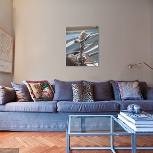 May include: A framed print of a silver car hood ornament, the Spirit of Ecstasy. The artwork is displayed on a wall above a grey sofa with decorative cushions. A glass coffee table and a framed tree print are in the foreground.