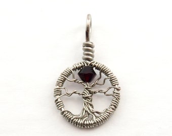 Tiny crystal birthstone necklace, Small January birthstone jewelry, Dainty jewelry, Delicate necklace, Wire wrapped tree-of-life pendant