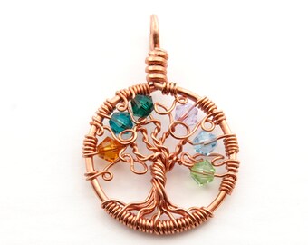 Custom birthstone jewelry ~ Family tree necklace ~ Crystal birthstone pendant ~ Christmas gift for mother ~ Wire wrapped tree of life
