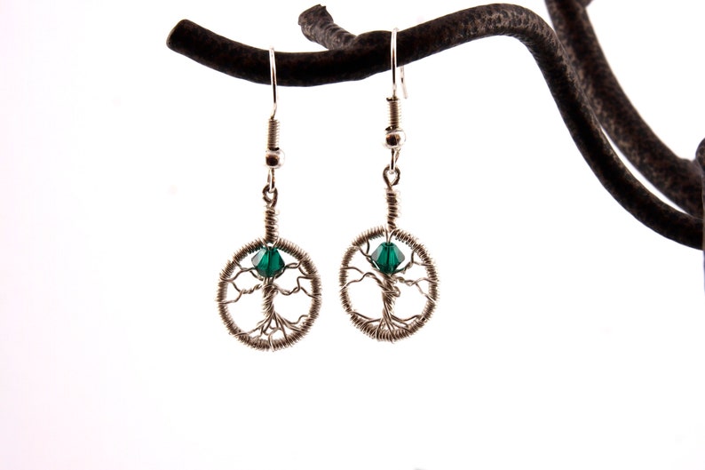 Tree-of-life earrings, Crystal dangle earrings, Mother's Day gift, Dainty birthstone jewelry, Wire wrapped earrings, Yggdrasil jewelry image 2