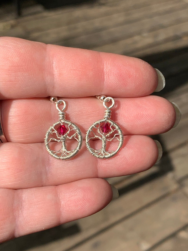 Tree-of-life earrings, Crystal dangle earrings, Mother's Day gift, Dainty birthstone jewelry, Wire wrapped earrings, Yggdrasil jewelry image 1