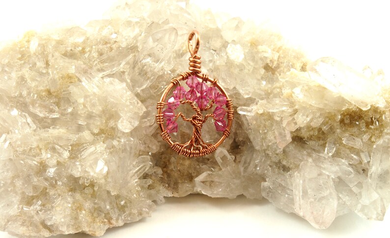 October birthstone necklace, Crystal tree-of-life pendant, Sacred tree jewelry, Wire wrapped tree-of-life, Pagan jewelry, Family necklace image 3