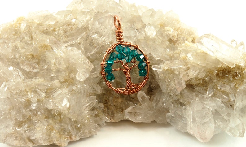 December birthstone, Wire wrapped tree-of-life, Blue necklace, Crystal birthstone, Sacred tree jewelry, Tree-of-life pendant, Pagan jewelry image 4