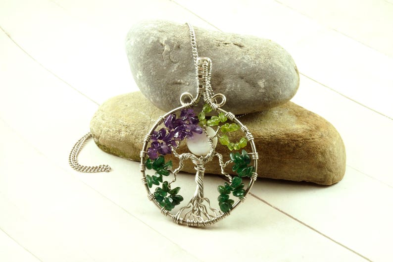 Custom family tree necklace Birthstone jewelry Full moon pendant Wire wrapped tree-of-life Christmas gift for mom Gemstone jewelry image 2