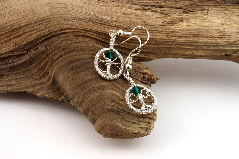 Tree-of-life earrings, Crystal dangle earrings, Mother's Day gift, Dainty birthstone jewelry, Wire wrapped earrings, Yggdrasil jewelry image 4