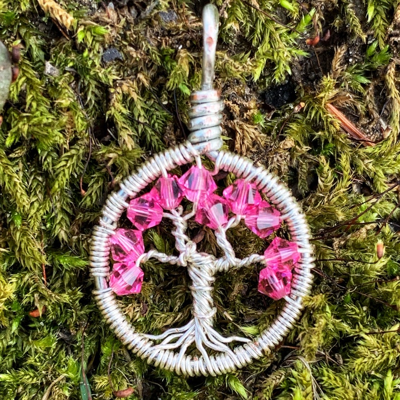 October birthstone necklace, Crystal tree-of-life pendant, Sacred tree jewelry, Wire wrapped tree-of-life, Pagan jewelry, Family necklace image 1