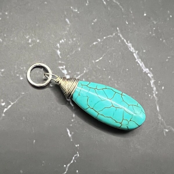 Large Blue Veined Turquoise Wire Wrapped Gemstone Pendant