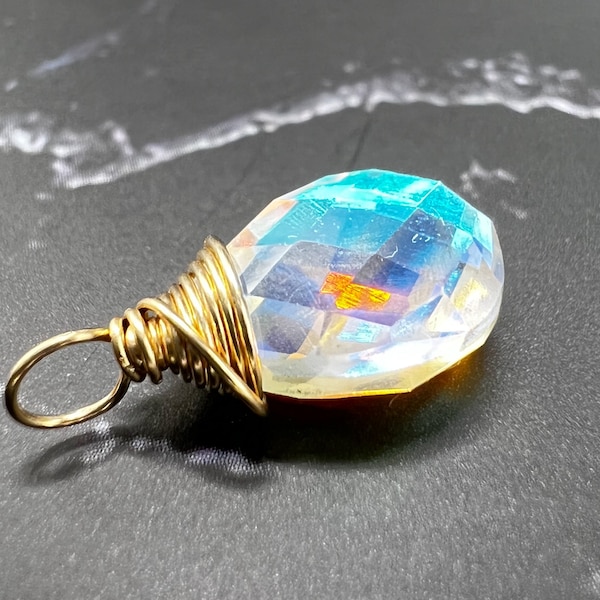 Rainbow Mystic Quartz Wire Wrapped Gemstone Drop Charm Pendant