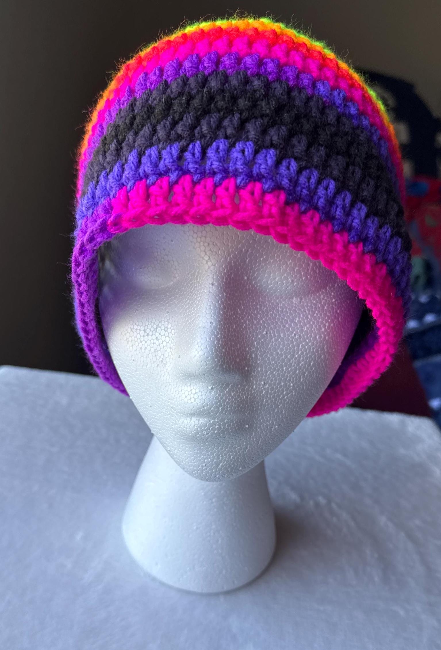 Neon Rainbow Beanie – Crochet Hat With Vibrant Stripes - Etsy display picture 2