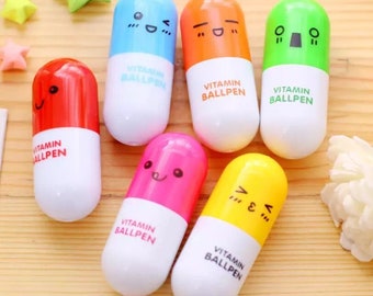 6 CAPSULE PILL PENS Cute Vitamin Pen Set Planner Office Desk Accessories Nurse Med Doctor Pharmacy Technician Tech Gifts School Student Gift