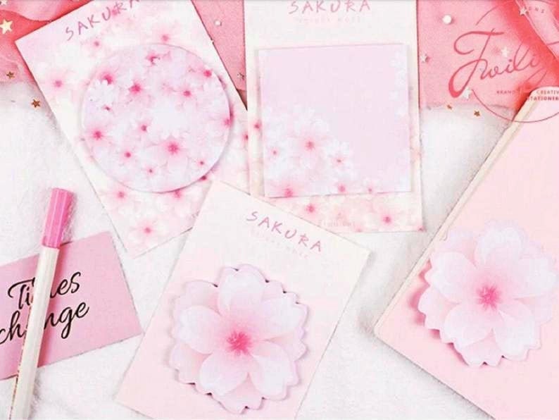 6xLot ADHESIVE NOTEPAD SET Cherry Blossom Print Sakura Bloom Mini Sticky Notes Cute Adhesive Paper Memo Pad Kawaii Note Pads Party Stickers