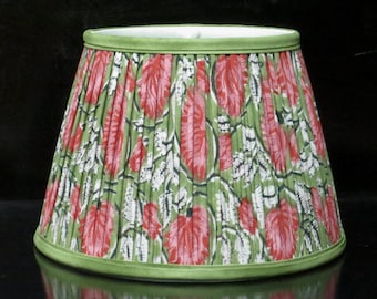 Green and coral block print pleated lampshade