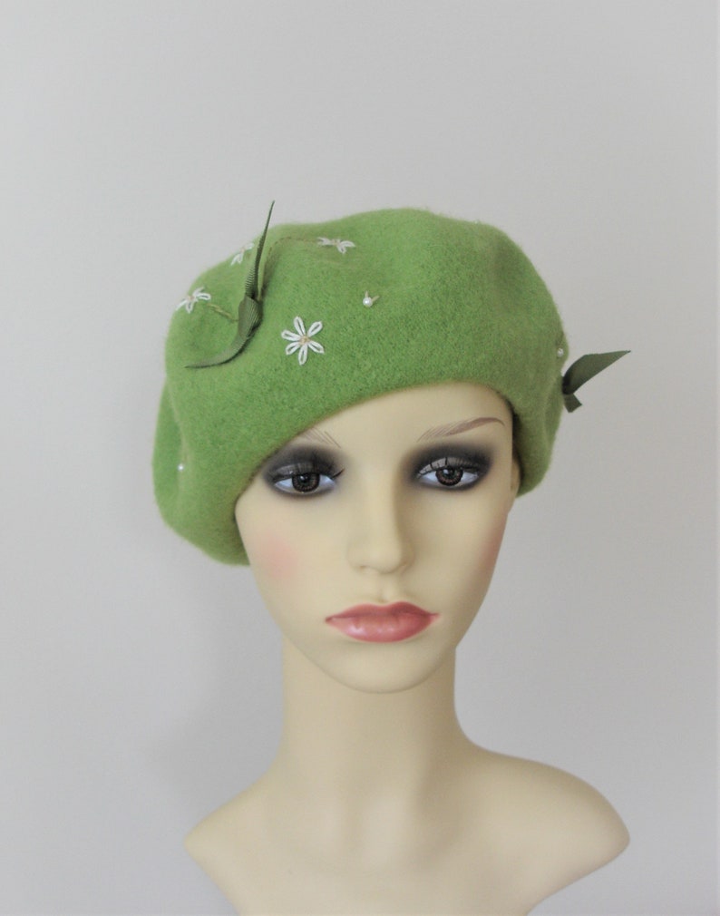 Embroidered beret in green with bow trim Luxury Wool felt Etsy