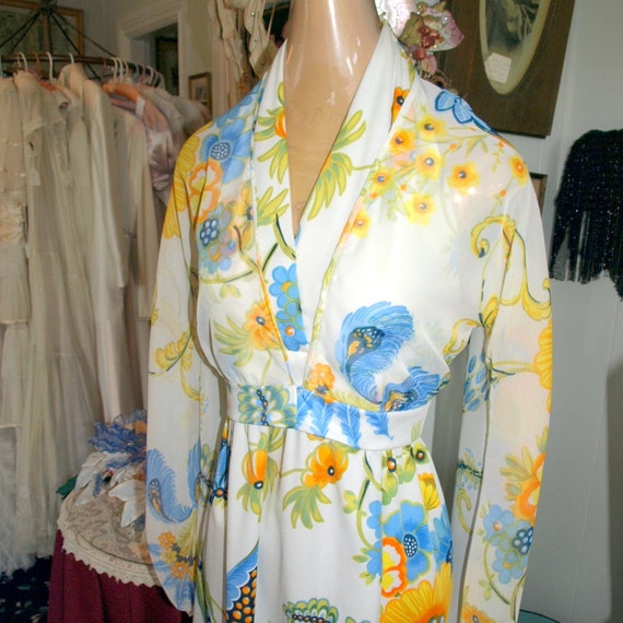 1970s Vintage Scarf Print Halter Dress with Sheer