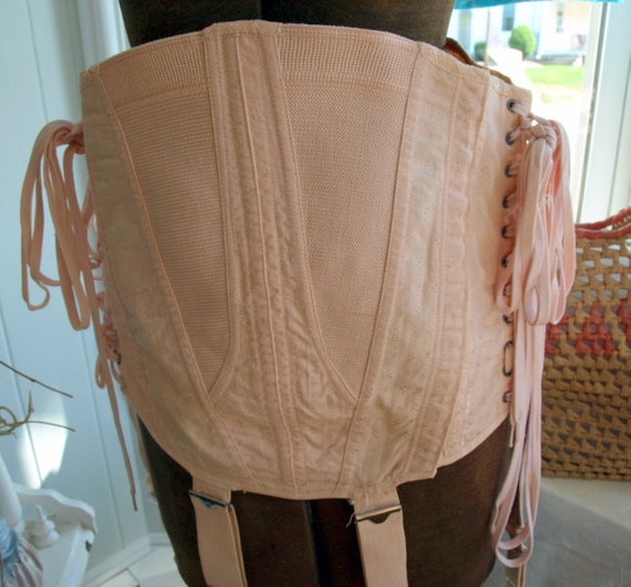 Vintage 1930s Peach Lace-Up Corset with Garters