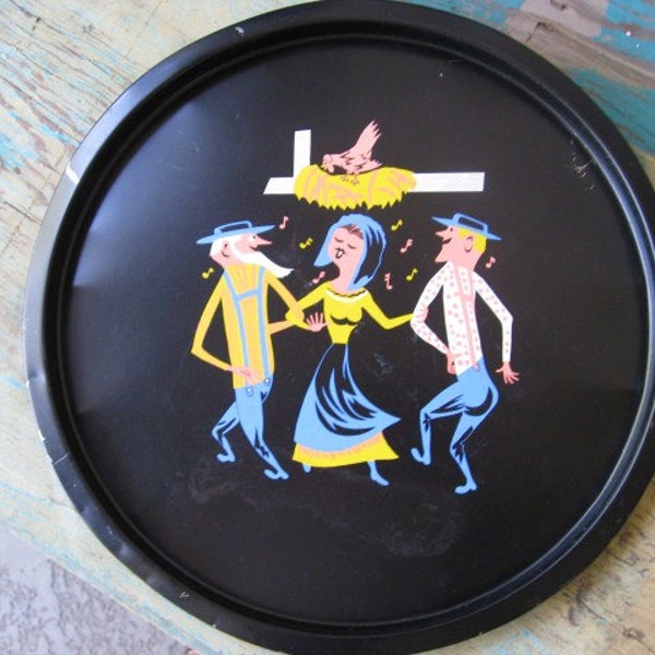 RESERVED FOR NIKKI Vintage Serving Tray, Black Tray, Metal Tray, Round Retro Tray with Whimsical Hoedown Scene, 1960s Vintage Tray