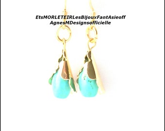 Boucles d oreilles design dorées howlite turquoise veinée