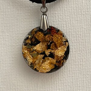 Round Resin Pendant  in Earthy Gold Tones on Black/Genuine Suede Cord