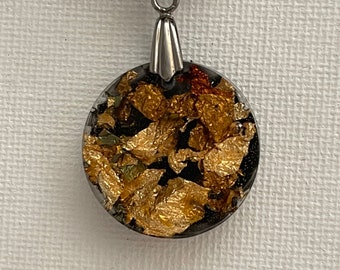 Round Resin Pendant  in Earthy Gold Tones on Black/Genuine Suede Cord