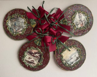 Vintage Style Whimsical Wooden Ornaments Set of 4/Red and Green