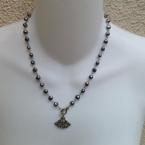 Delicate fresh water pearls necklace in shades of silver-gray-blue colors
