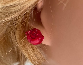 Coral Red Roses Piersed Earrings/Genuine Coral/Sterling Silver