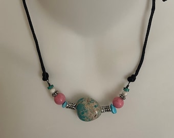 Oh My Earth! -> Natural Turquoise  Multi-colors Multi-gems Necklace on 2mm Black Silky cord