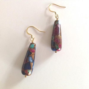 Ruby, emerald and saphire dangle earrings