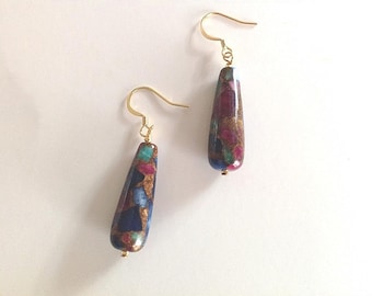 Ruby, emerald and saphire dangle earrings