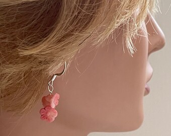 Tiny Pink Coral Flowers Silver Earrings