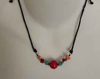 Red Coral Necklace/Multi-colors Multi-gems Necklace on 2mm Black Silky cord