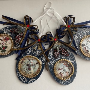 Vintage Style Whimsical Wooden Ornaments Set of 4/Blue
