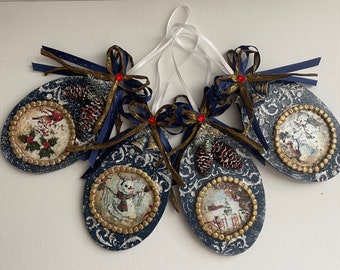 Vintage Style Whimsical Wooden Ornaments Set of 4/Blue