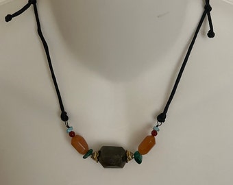 Large Grey Quartz Bead necklace/Multi-colors Multi-gems Necklace on 2mm Black Silky cord