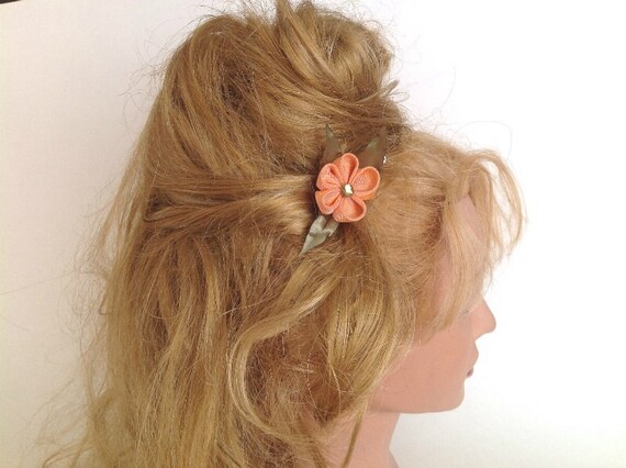 Kanzashi Style Pale Orange Flower With Sage Color Leafs Hair Etsy
