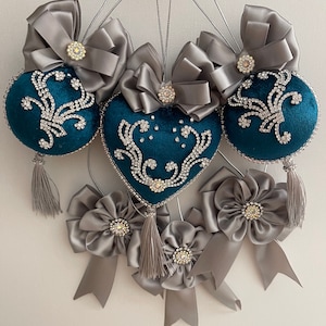Luxury elegant 6 pieces handmade velvet and rhinstones Christmas ornaments set in Rich Turquoise color