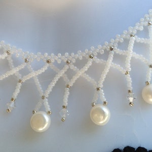 White pearls and swarovski crystals seed beaded wedding necklace