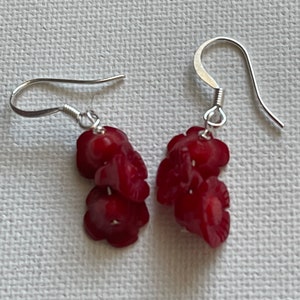 Adorable Dangle Tiny Red Coral Flowers Sterling Silver Earrings