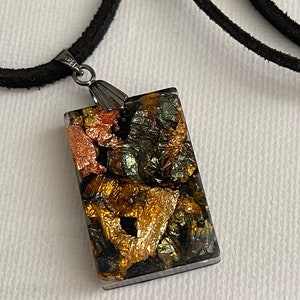 Black and Gold Rentanglular Resin Pendant Necklace on Genuine Suede Cord