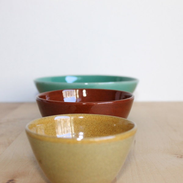 Ceramic nesting bowls in Green Brown and Mustard Food prep Kitchen servings - Ready to ship