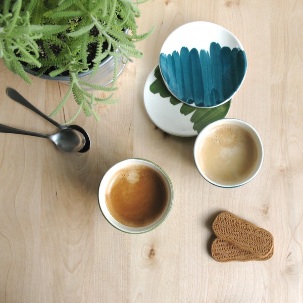 Coffee cup and saucer Set of two Green and Teal Wheel thrown pottery Ceramic cup and plate - Made to order